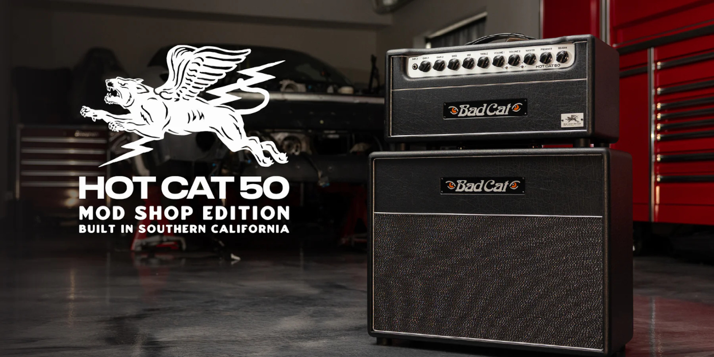 A lifestyle photo showing the Bad Cat Mod Shop Hot Cat 50 amp head and cab launched ahead of NAMM 2026