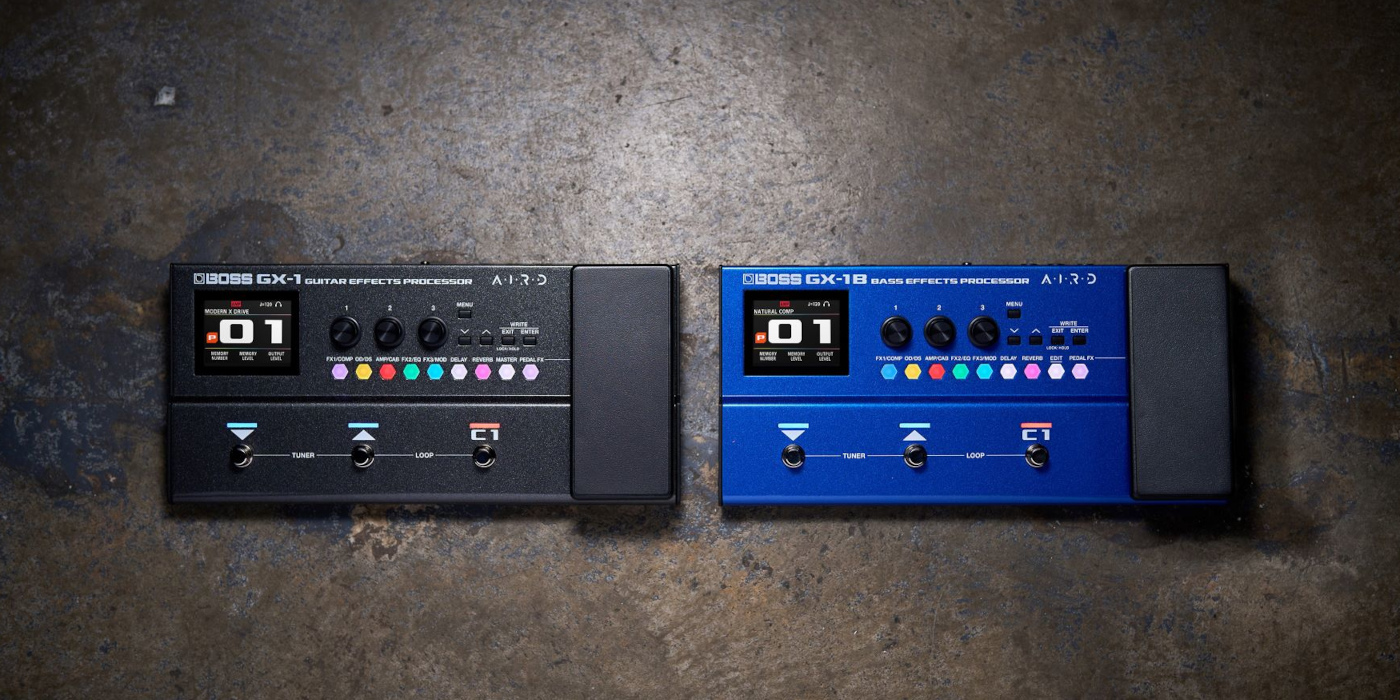A lifestyle photo showing the Boss GX-1 and GX-1B next to each other