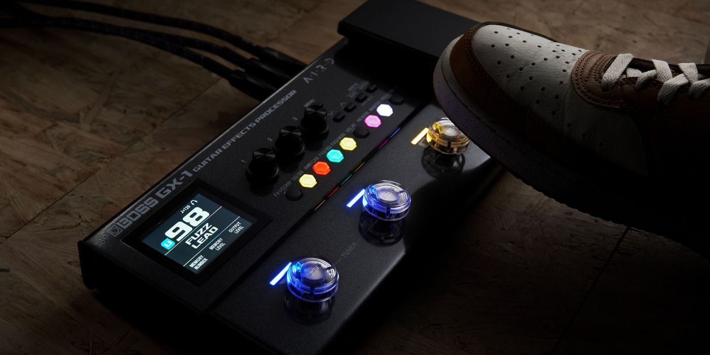 A lifestyle photo showing the Boss-GX-1 with FSC-10 footswitch caps launched ahead of NAMM 2026