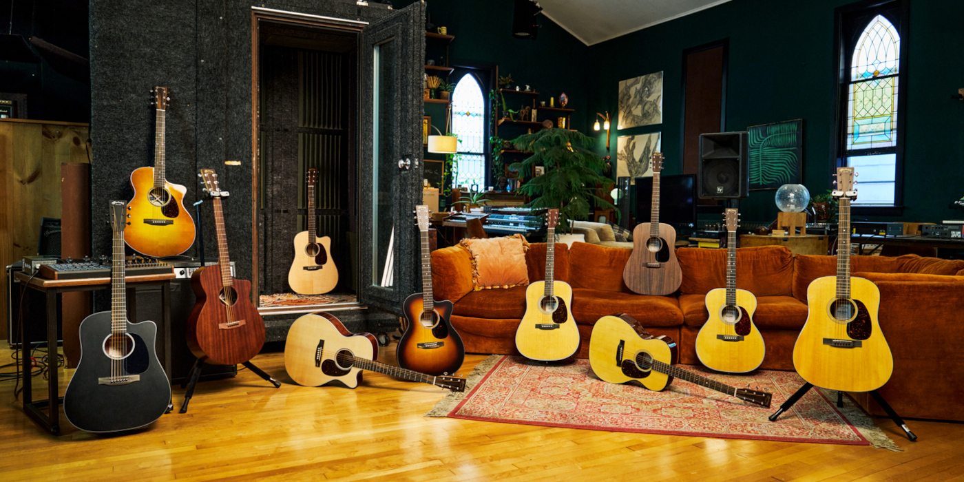 A lifestyle photo showing Martin Road Series Retro and Modern acoustic guitars launched ahead of NAMM 2026