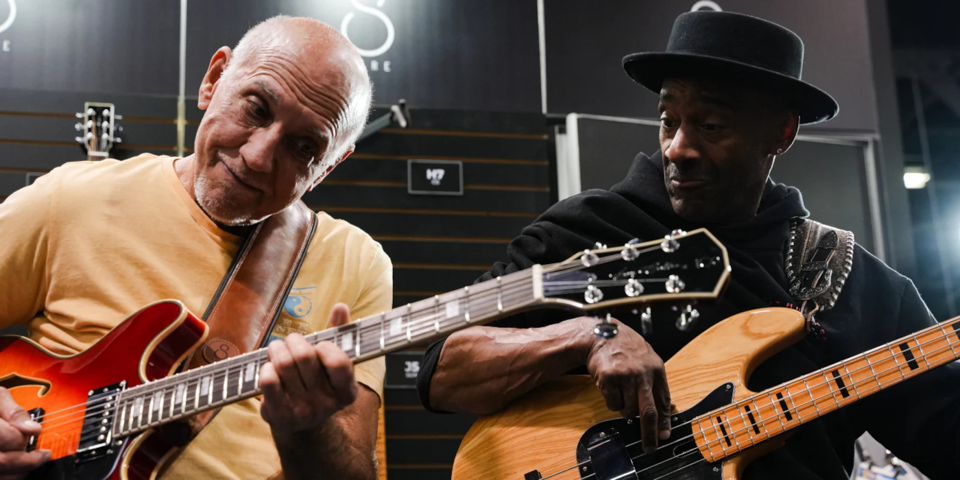 Larry Carlton and Marcus Miller jamming together at the NAMM Show