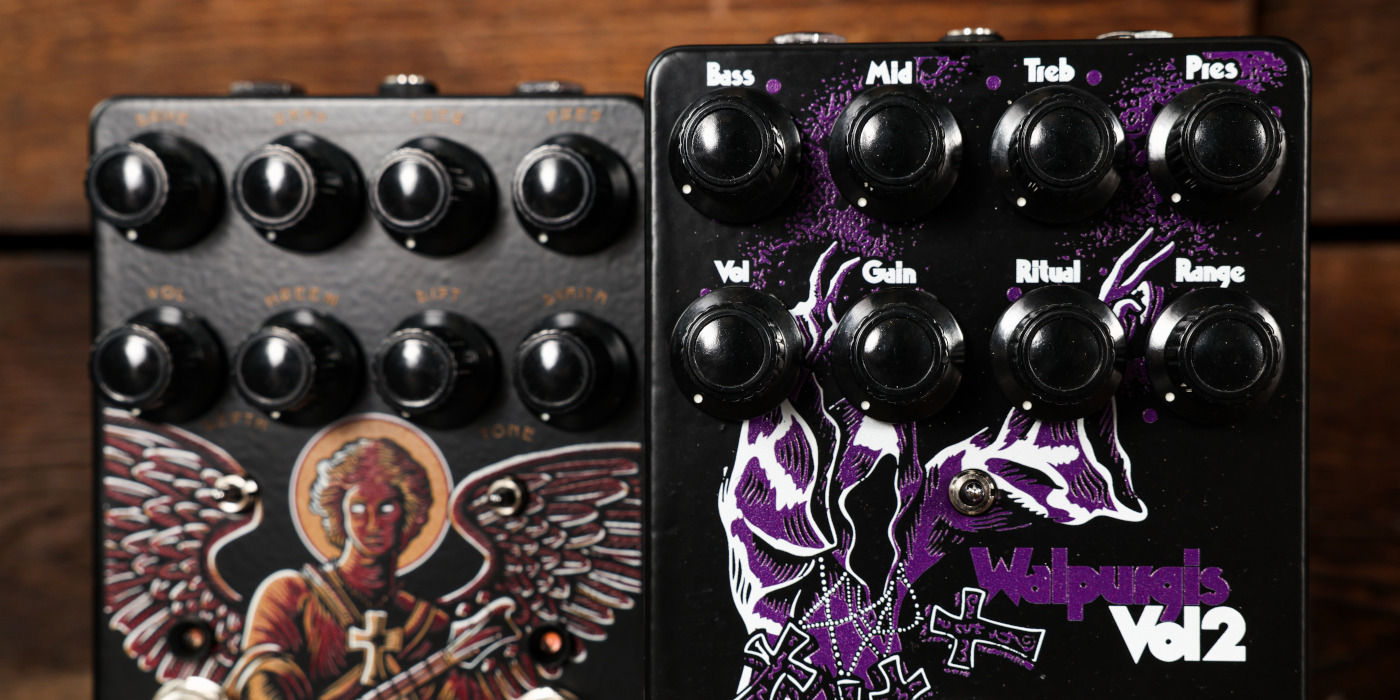 A photo of the Does It Doom Walpurgis Vol 2 and Giza Dva pedals against a wooden background