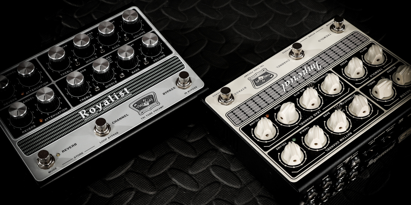 Tone King Royalist Preamp pedal angled next to a Tone King Imperial Preamp pedal on a black diamond metal background