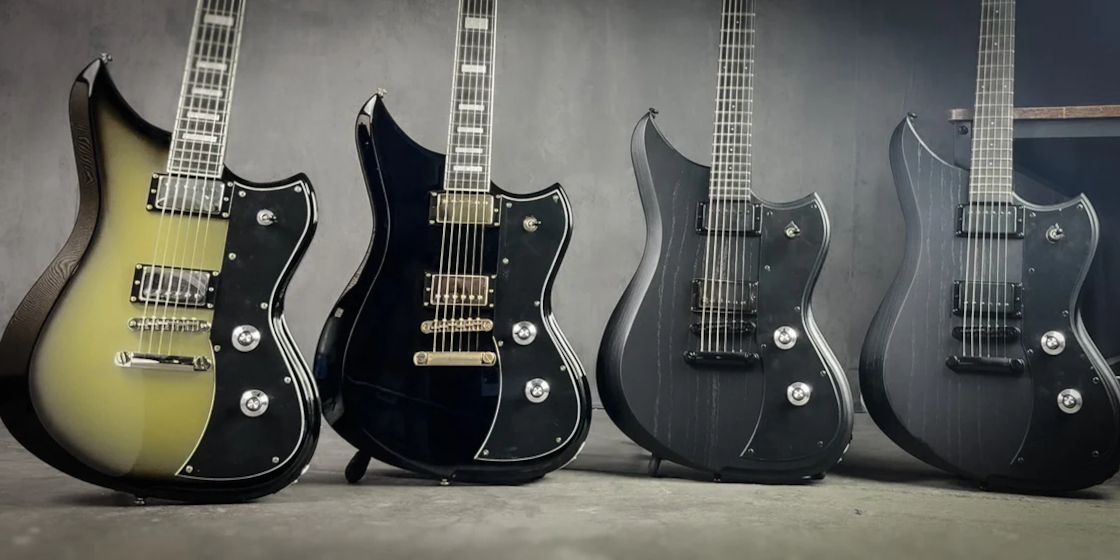 Four Dunable DE Series Yeti guitars in various colours lined up against a grey textured background