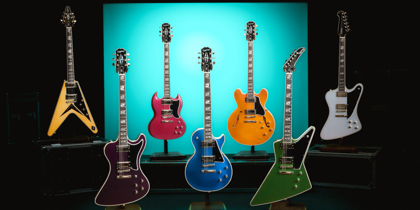 A lifestyle photo of the full Epiphone Futura Series lineup with Flying V, RD, SG, Les Paul, ES-355, Explorer and Firebird guitars from left to right