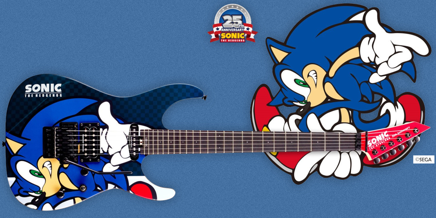 A graphic showing the ESP SN-25th Sonic the Hedgehog Guitar-II, one of four Sonic gaming guitar collabs ESP did in 2016