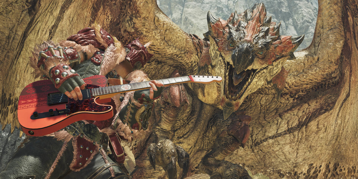 A screenshot of the Fender Monster Hunter Rathalos Telecaster being played by a character in the game with a dragon in the background