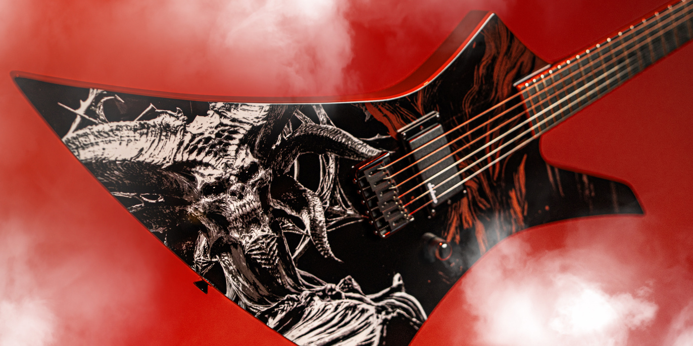 A close up photo of the Jackson X Series Diablo IV Kelly guitar on a red background with smoke detail