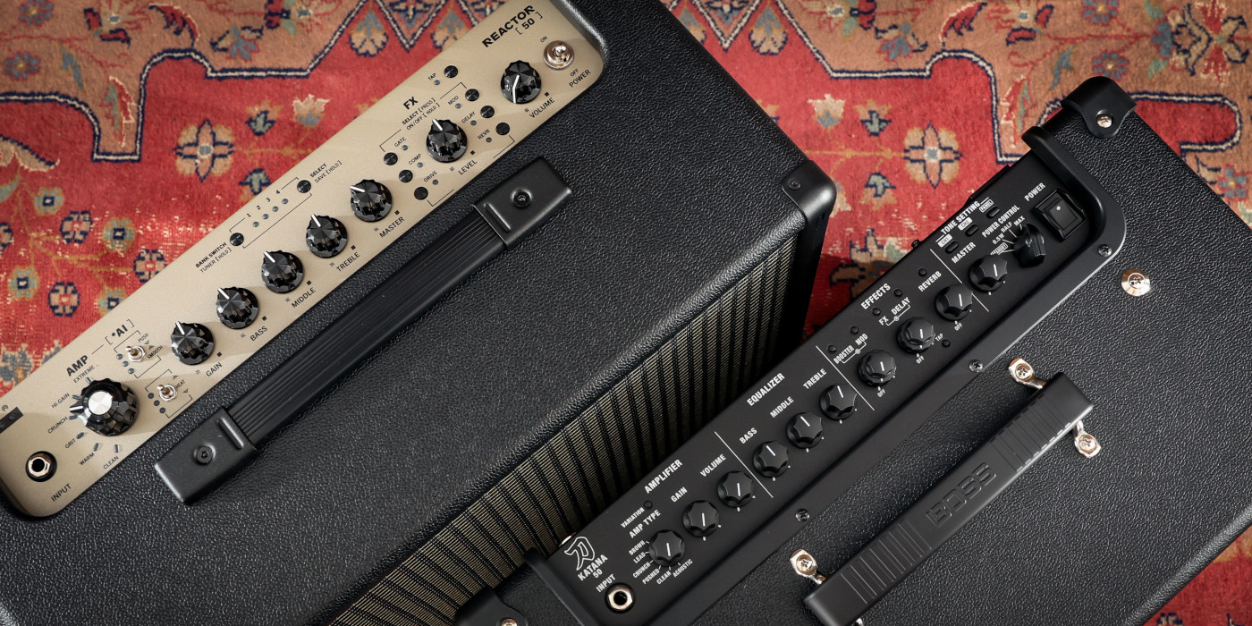 A top down photo showing the Positive Grid Reactor 50 and Boss Katana 50 Gen 3 amp control panels side by side