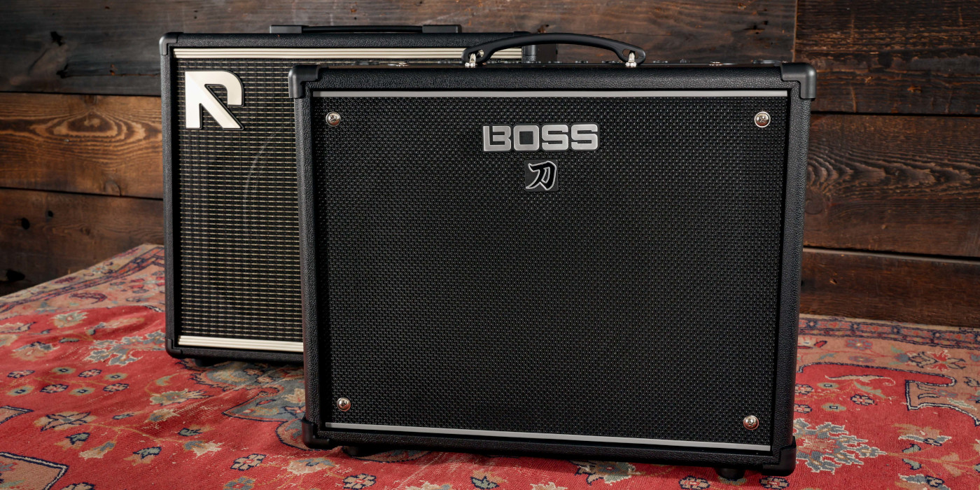 A photo of the Boss Katana 50 Gen 3 combo amp in front of a Positive Grid Reactor 50 amp at an angle with a wooden background