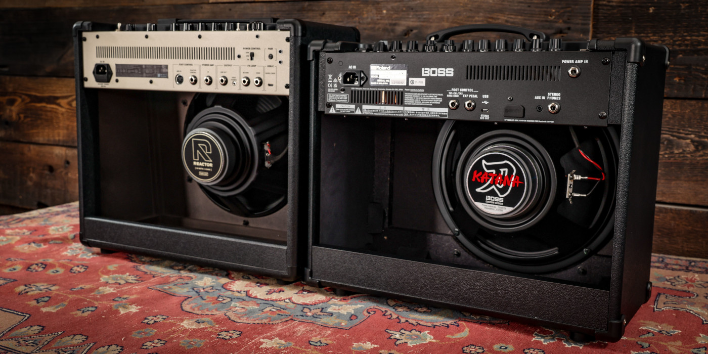 A photo of the Positive Grid Reactor 50 next to a Boss Katana 50 Gen 3, showing their rear inputs, outputs and speakers