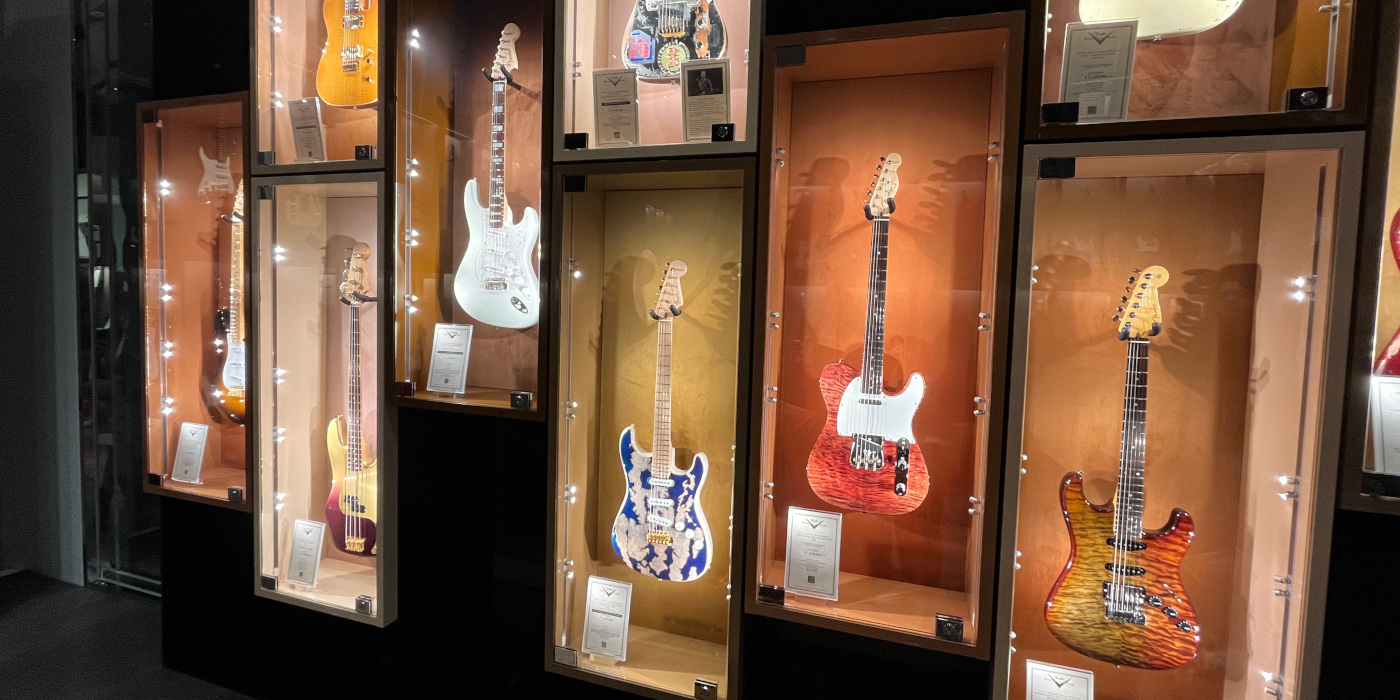 Various Fender Custom Shop Masterbuilt guitars on display in the Fender Flagship Tokyo store