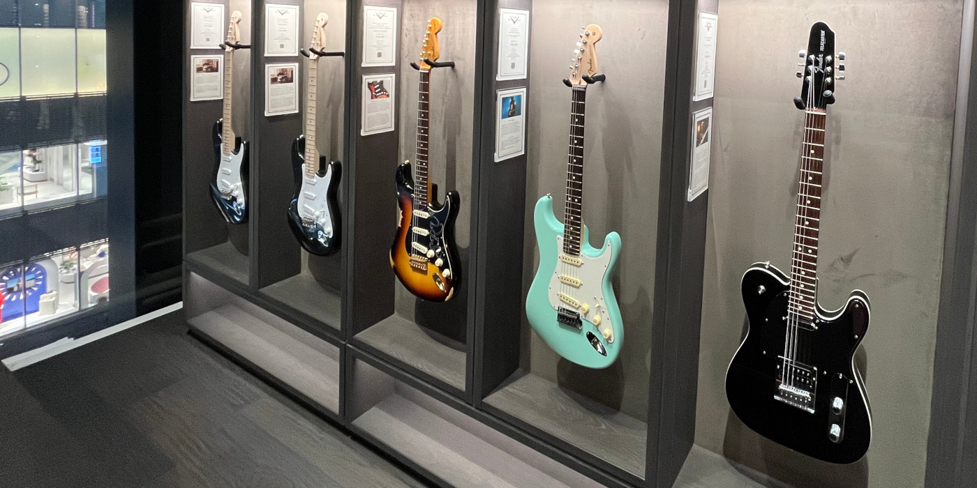 Various Fender Custom Shop signature guitars on display at the Fender Flagship store in Japan