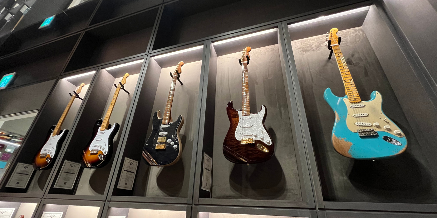 Five Fender Custom Shop Stratocasters on display at the Fender Tokyo store