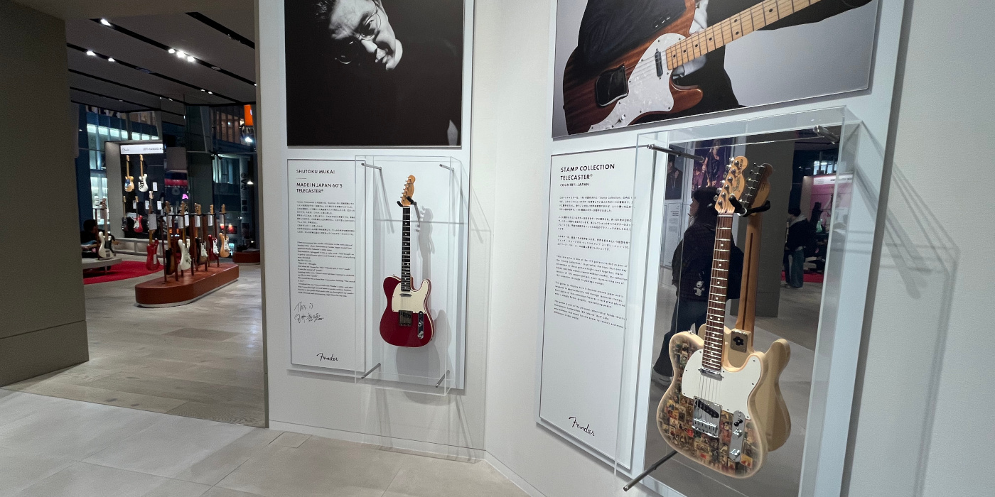 The hallway outside the second floor showroom in the Fender Japan store showing two Fender Custom Shop Telecasters