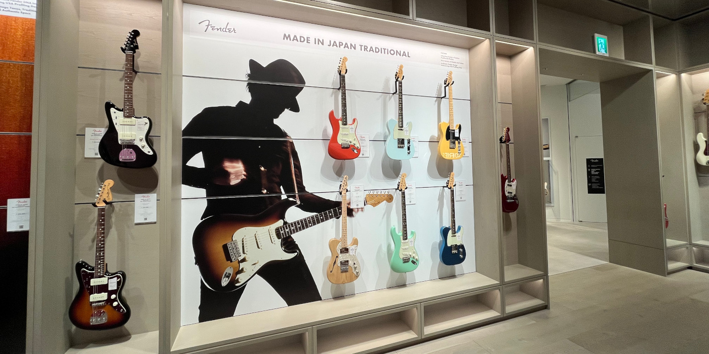 The Made in Japan Traditional guitars display on the Fender Flagship Tokyo store second floor