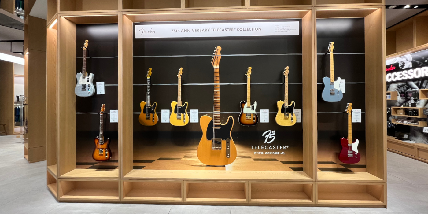 A photo of the Fender 75th Anniversary Collection display inside the Fender Flagship Tokyo store