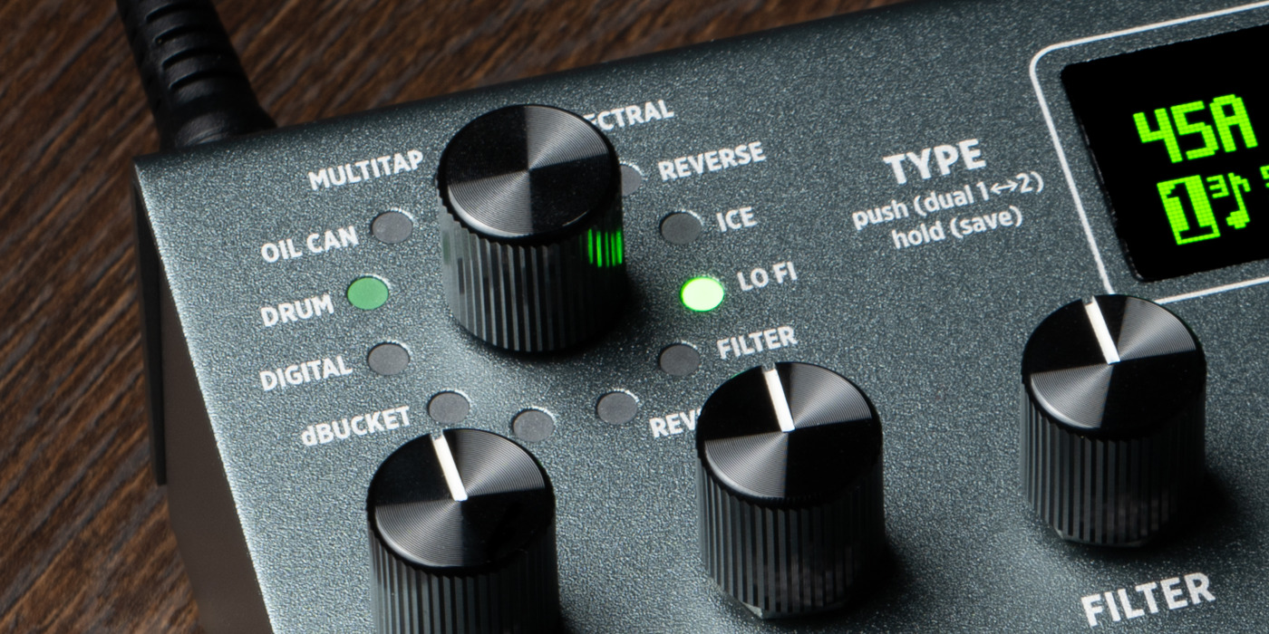 A close up photo of the delay type selector knob on the Strymon Timeline MX delay pedal