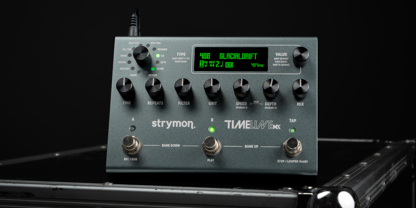 A lifestyle shot of the Strymon Timeline MX on a black tour case