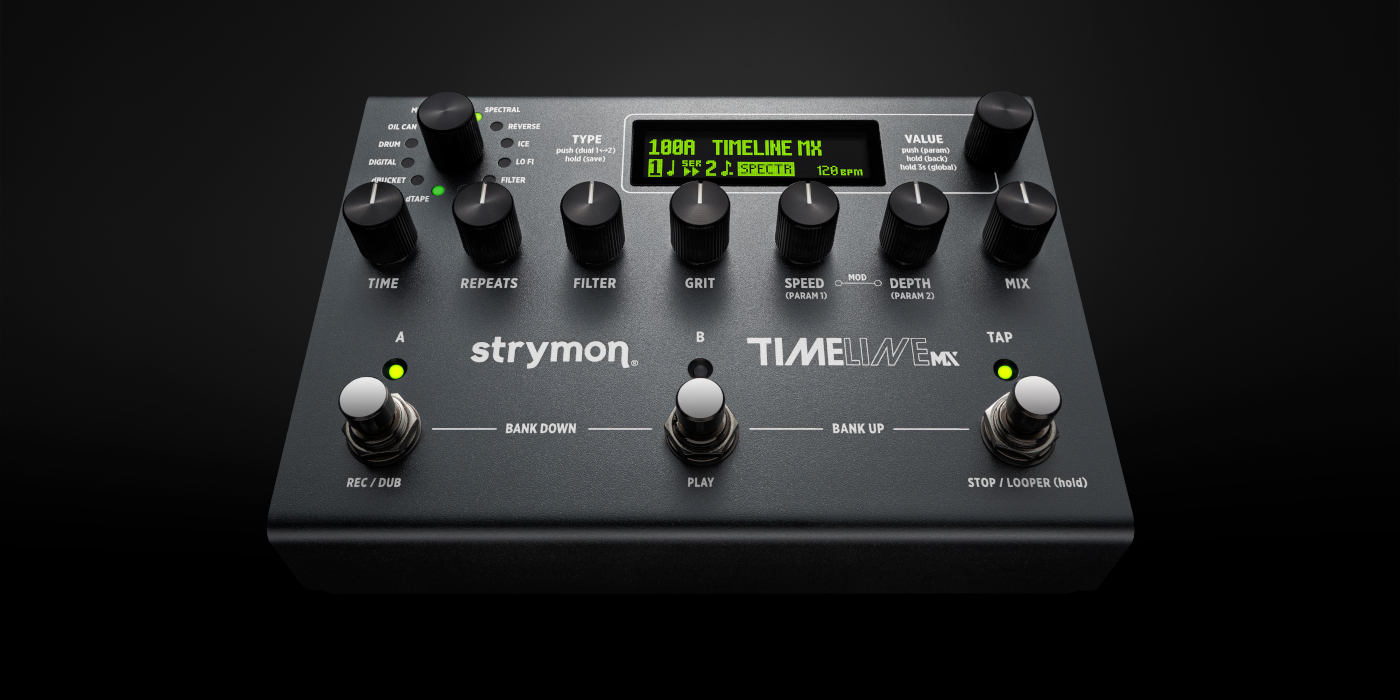 A low angle photo of the Strymon Timeline MX delay pedal on a black textured background