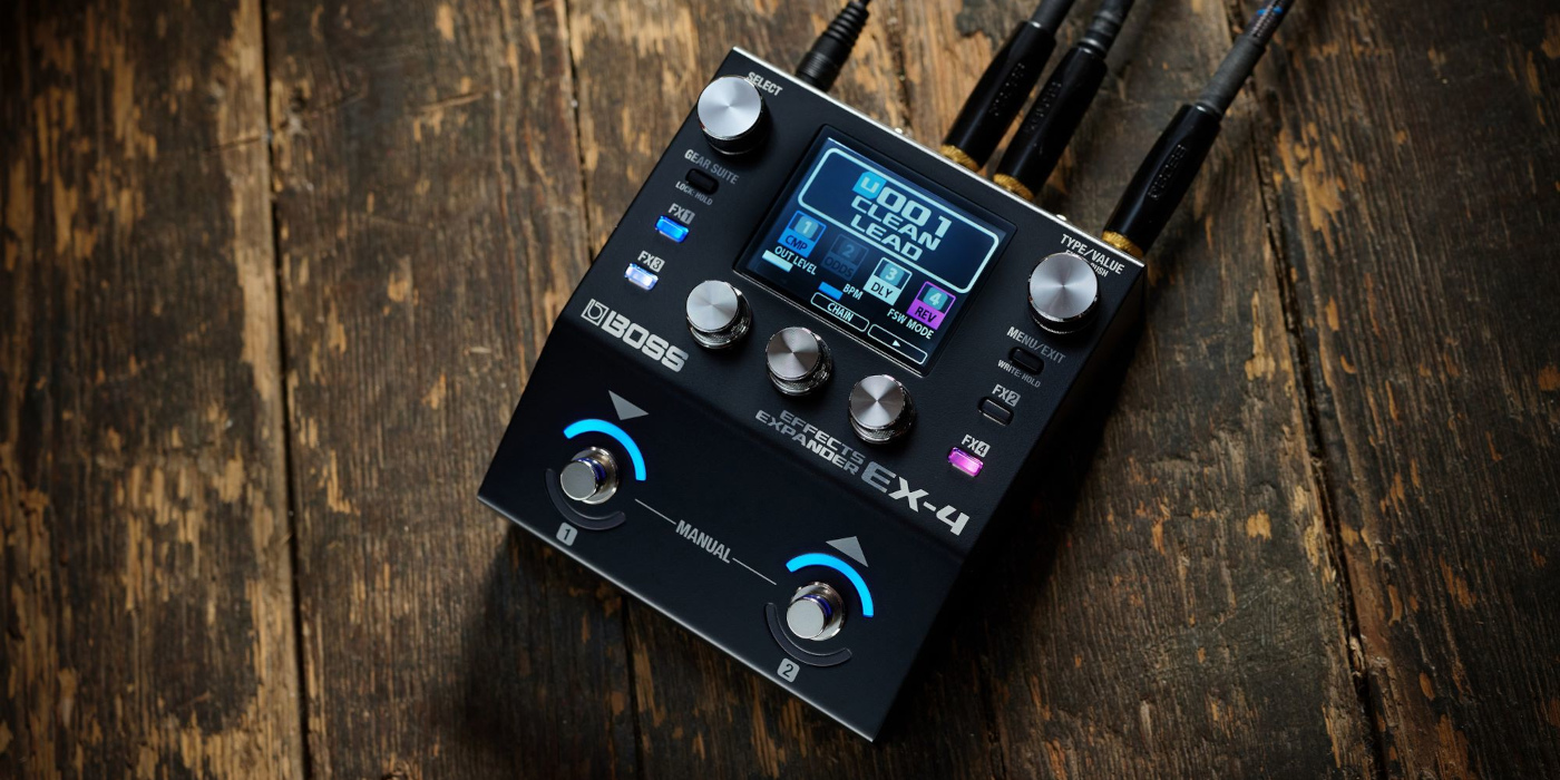 The Boss EX-4 Effects Expander guitar pedal on a wooden floor