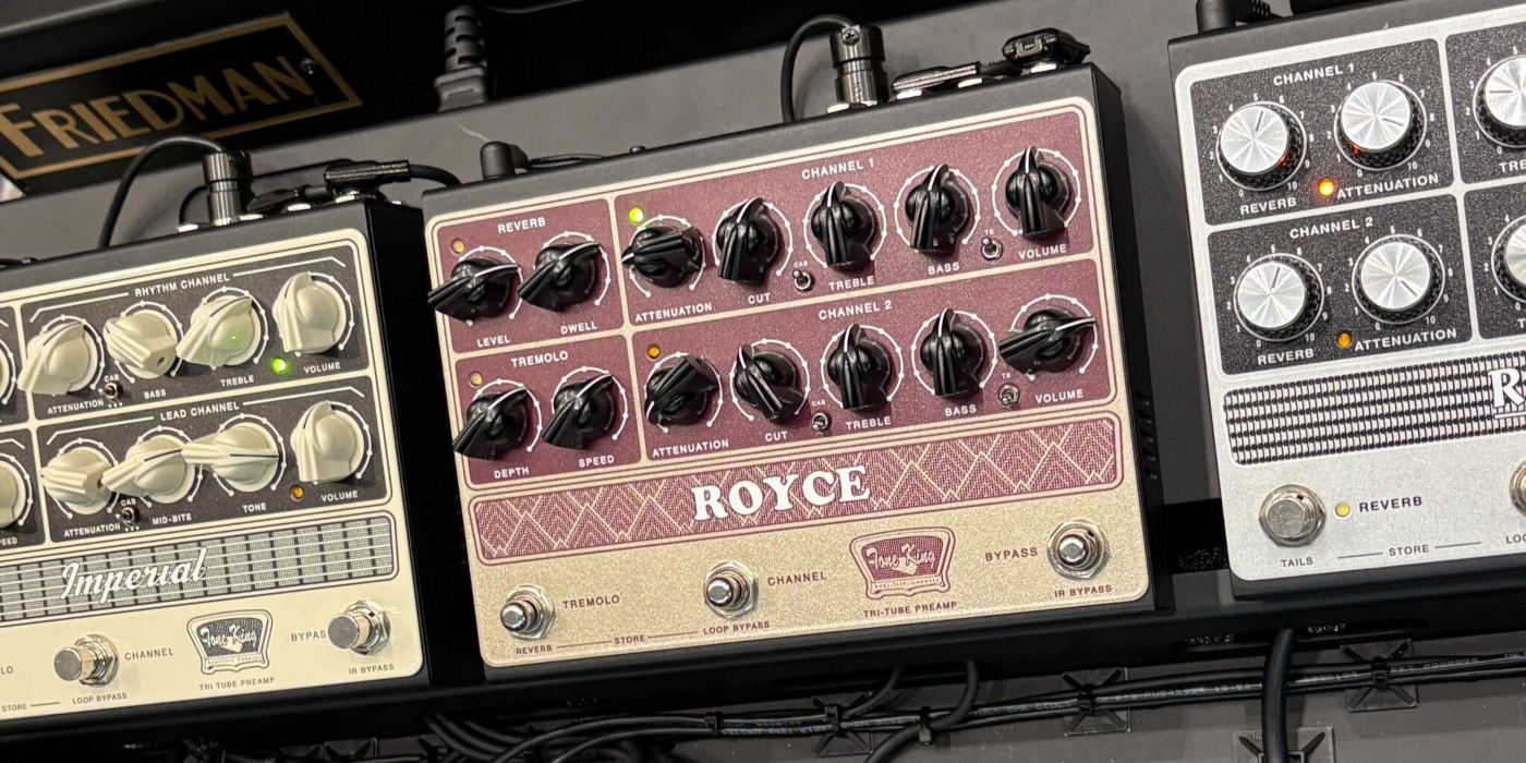 Tone King Royce Preamp prototype displayed beside Imperial and Royalist preamp pedals at Guitar Summit 2026