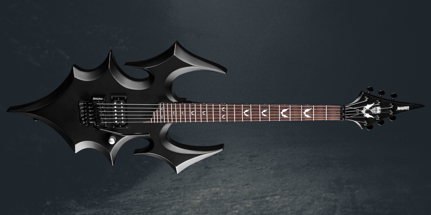 The Dean Doyle Wolfgang Von Frankenstein signature Annihilator X guitar on a black textured background