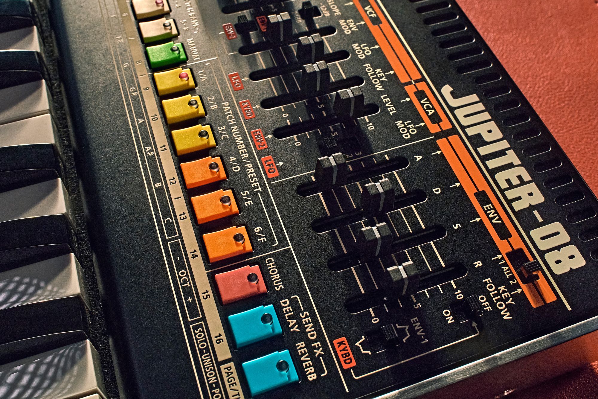 Close up shot of the Roland Jupiter-08 logo, ENV and effects section.