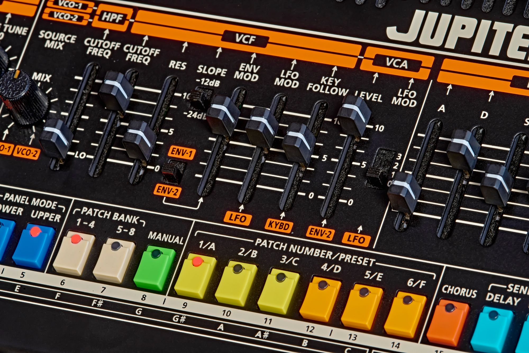 Close up of the Roland Jupiter-08 VCF control section, including the famous colourful buttons.
