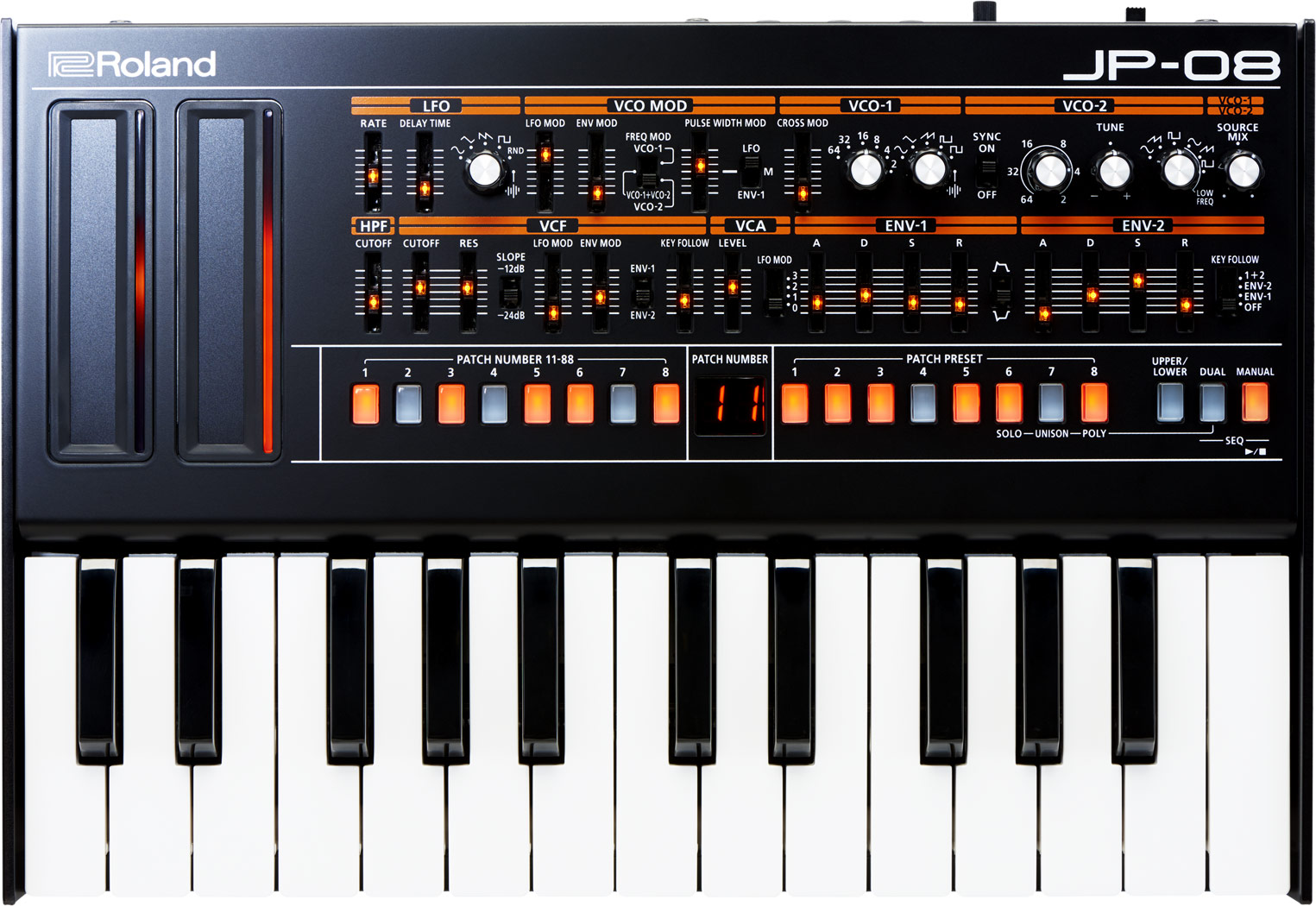 A top down view of the Roland JP-08, a limited edition Boutique synth which was Rolands first attempt at a Jupiter 8 synth in boutique form.